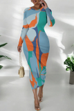 Sky Blue Formal Office Casual Outing Geometric Print O Neck Long Sleeve Bodycon Maxi Dresses