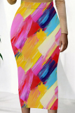 Blue Pink Casual Personalized Ink Painting Mid Waist Vacation Bodycon Maxi Skirt
