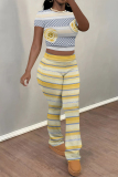 Purple Skinny Flowers Polka Dot Striped Print Contrast Round Neck Short Sleeve T-shirt and Belted Flared Pants Two Piece Sets