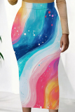 Blue Pink Casual Personalized Ink Painting Mid Waist Vacation Bodycon Maxi Skirt