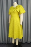 Yellow Party Formal Flowers Bow Detail Flared Sleeves Oblique Collar A Line Midi Dress