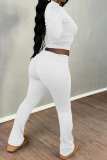 Dark Blue Skinny Round Neck Long Sleeve T-shirt and Belted Flared Pants Two Pieces Matching Sets