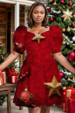 Red Khaki Christmas Party Outfits Graphcis Print Square Neck Short Sleeve Pleated Mini Dress