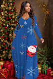 Blue Christmas Party Outfits Santa Claus Snowflake Print Long Sleeve Floor Length Loose Vacation Baggy Maxi Dress