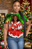Green Christmas Figure Girl Tree Print Round Neck Short Sleeve T-shirt Tops