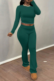 Dark Blue Skinny Round Neck Long Sleeve T-shirt and Belted Flared Pants Two Pieces Matching Sets