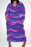 Black Gold Graphics Boho Print V Neck Long Sleeve Pocket Straight Loose Casual Outing Plus Size Maxi Dresses