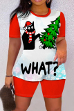 Red Black Christmas Outfit Cartoon Print O Neck Short Sleeve T-shirt And Shorts Casual Outing Two Pieces Shorts Sets