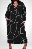 Black Gold Graphics Boho Print V Neck Long Sleeve Pocket Straight Loose Casual Outing Plus Size Maxi Dresses