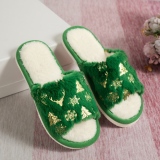 Off White Casual Round Open-Toe Sandals with Ankle Strap Flat With Christmas Tree Snowflakes Pattern