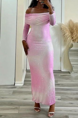 Pink Ombre Print Hot Drilling Off Shoulder Long Sleeve Long Formal Evening Party Prom Bodycon Maxi Dresses