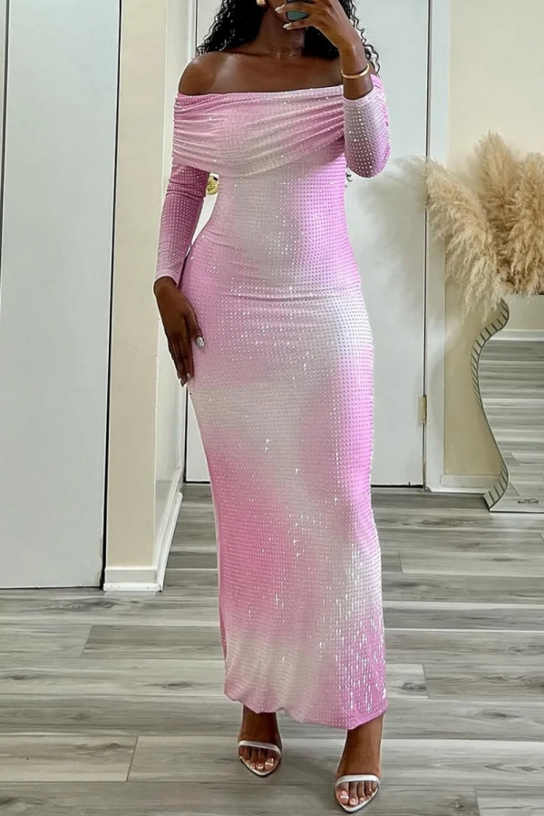 Pink Ombre Print Hot Drilling Off Shoulder Long Sleeve Long Formal Evening Party Prom Bodycon Maxi Dresses