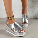 Gold Platform Sandals with Multiple Straps and Adjustable Ankle StrapHollow Out Fish Mouth Wedges Shoes