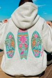 Grey Sportwear Graphics Print Patchwork Long Sleeve Fall Winter Hooded Sweatshirt