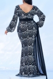 Black Sequin Evening Party Gown V Neck Long Sleeve Draped Tail Mermaid Hem Long Plus Size Bodycon Glitter Prom Maxi Dress