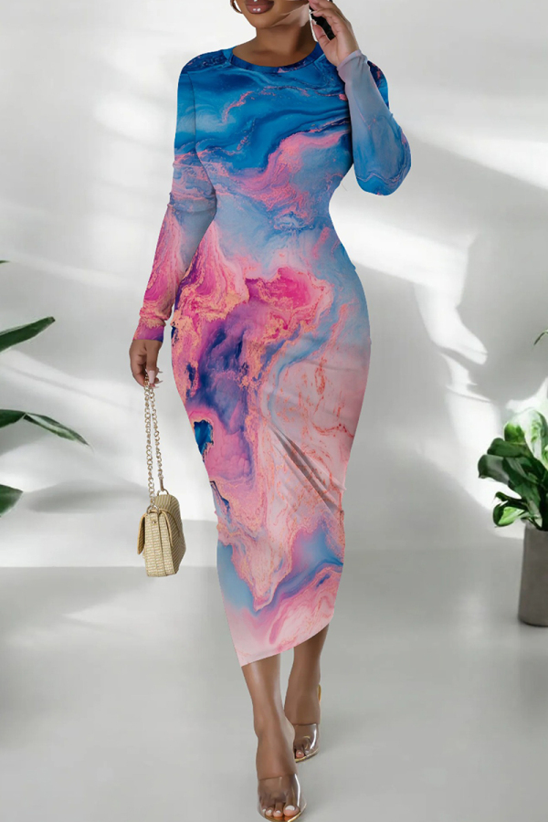 Color Ink Watercolor Print O Neck Long Sleeve Casual Outing Vacation Wrap Casual Outing Bodycon Maxi Dress