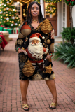 Red Casual Christmas Tree Santa Claus Print Basic V Neck Long Sleeve Loose Pockets Straight Midi T-Shirt Dress