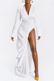 White Formal Evening Party Prom V Neck Long Sleeve Long Slit Ruched Maxi Dresses