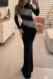 Black Formal Evening Party Prom Hot Drill O Neck Long Sleeve Long Bodycon Maxi Dresses