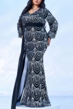 Black Sequin Evening Party Gown V Neck Long Sleeve Draped Tail Mermaid Hem Long Plus Size Bodycon Glitter Prom Maxi Dress