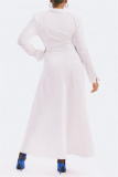 White Formal Evening Party Prom V Neck Long Sleeve Long Slit Ruched Maxi Dresses