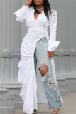 White Formal Evening Party Prom V Neck Long Sleeve Long Slit Ruched Maxi Dresses