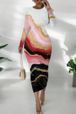 Color Ink Watercolor Print O Neck Long Sleeve Casual Outing Vacation Wrap Casual Outing Bodycon Maxi Dress