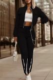 Black Sportwear Casual Zipper Collar Long Sleeve Crop Jackets And Skinny Sweatpants Two Pieces Jogger Sets