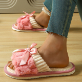 Pink Bow Decor Contrast Round Floral Open-Toe Casual Sandals with Ankle Strap Flat