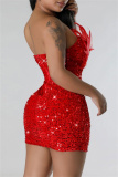 Red Evening Party Gown Sequin Feathers Trim Backless Strapless Wrapped Skirt Bodycon Glitter Prom Mini Dress