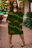 Blue Casual Christmas Tree Santa Claus Print Basic V Neck Long Sleeve Loose Pockets Straight Midi T-Shirt Dress