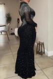 Black Formal Evening Party Prom Hot Drill O Neck Long Sleeve Long Bodycon Maxi Dresses