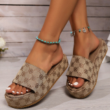 Khaki Beige Open-Toed Sandals With Woven Upper And Flat Sole Wedges Shoes