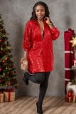 Red Christmas Party Evening Gown Sequin Turndown Collar Long Sleeve Glitter Prom Shirt Mini Dresses