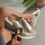 Gold Platform Sandals with Multiple Straps and Adjustable Ankle StrapHollow Out Fish Mouth Wedges Shoes