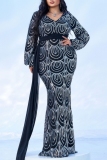 Black Sequin Evening Party Gown V Neck Long Sleeve Draped Tail Mermaid Hem Long Plus Size Bodycon Glitter Prom Maxi Dress