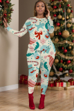Black Red Christmas 2 Piece Outfits Christmas Tree Snowman Print O Neck Long Sleeve T Shirt and Skinny Pant Two Piece Trousers Set