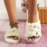Off White Casual Round Open-Toe Sandals with Ankle Strap Flat With Christmas Tree Snowflakes Pattern