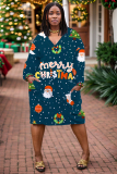 Red Casual Christmas Tree Santa Claus Print Basic V Neck Long Sleeve Loose Pockets Straight Midi T-Shirt Dress
