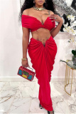 Red Christmas Party Outfits Backless Off Shoulder Short Sleeve Ruched Crop Tops And Maxi Skirt Formal Evening Prom Two Pieces Dress Sets