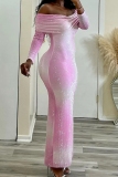 Pink Ombre Print Hot Drilling Off Shoulder Long Sleeve Long Formal Evening Party Prom Bodycon Maxi Dresses