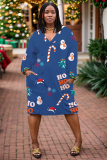Blue Casual Christmas Tree Santa Claus Print Basic V Neck Long Sleeve Loose Pockets Straight Midi T-Shirt Dress