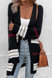 Black Casual Street Stripe Weave Print Cardigan Collar Fall Winter Knitted Sweater Jackets