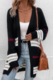 Black Casual Street Stripe Weave Print Cardigan Collar Fall Winter Knitted Sweater Jackets