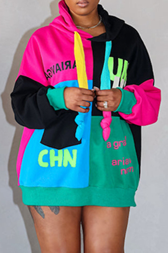 Black Red Sportwear Street Letter Print Patchwork Long Sleeve Fall Winter Hooded Sweatshirt