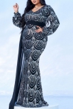 Black Sequin Evening Party Gown V Neck Long Sleeve Draped Tail Mermaid Hem Long Plus Size Bodycon Glitter Prom Maxi Dress