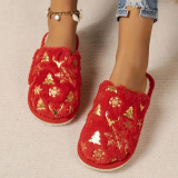 Red Round Keep Warm Closed-Toe Clog Sandals with Christmas Tree Snowflakes Patterns