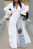 White Formal Evening Party Prom V Neck Long Sleeve Long Slit Ruched Maxi Dresses