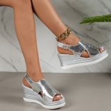 Gold Platform Sandals with Multiple Straps and Adjustable Ankle StrapHollow Out Fish Mouth Wedges Shoes