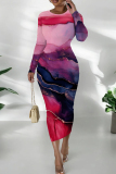 Color Ink Watercolor Print O Neck Long Sleeve Casual Outing Vacation Wrap Casual Outing Bodycon Maxi Dress